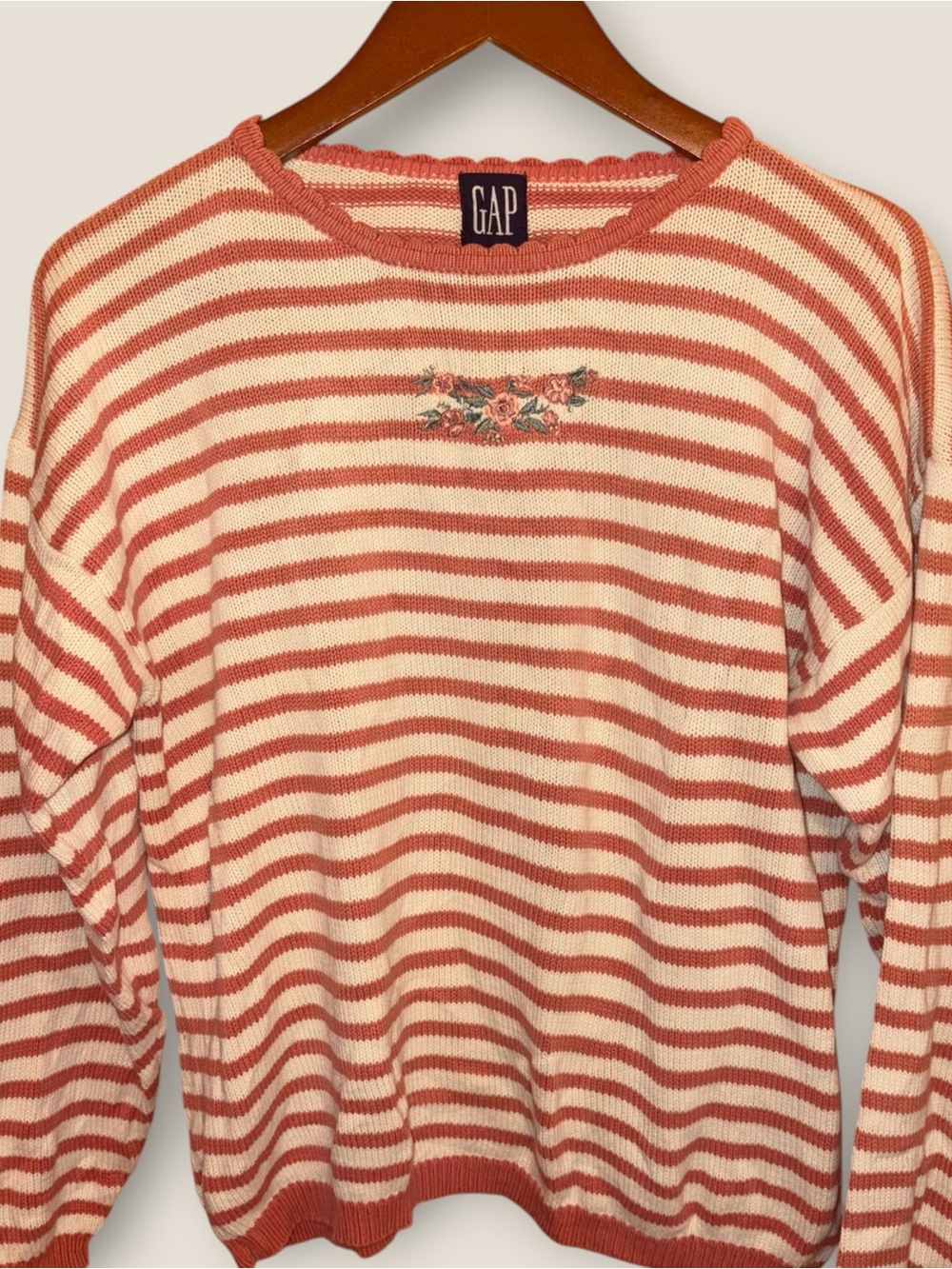Vintage CottagecoreCream and Coral Striped Cotton Sweater with Floral Embroidery - Picture 2 of 2